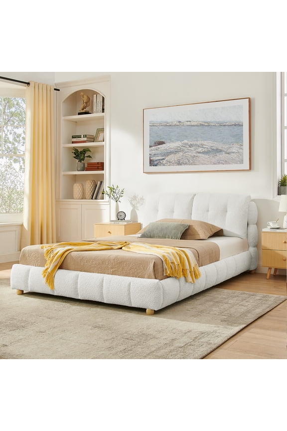 Queen Cream Boucl Fabric Platform Bed, Soft Cloud-Like Upholstered Frame with Solid Wood Legs, Tufted Headboard, No Box Spring Needed, Beige