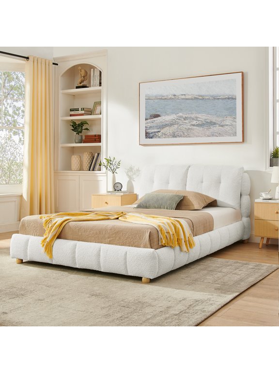 Queen Cream Boucl Fabric Platform Bed, Soft Cloud-Like Upholstered Frame with Solid Wood Legs, Tufted Headboard, No Box Spring Needed, Beige