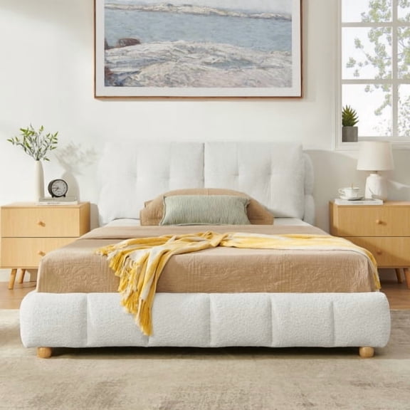 Queen Cream Style Bouclé Fabric Platform Bed, Soft Cloud-Like Upholstered Frame with Solid Wood Legs, No Box Spring Needed