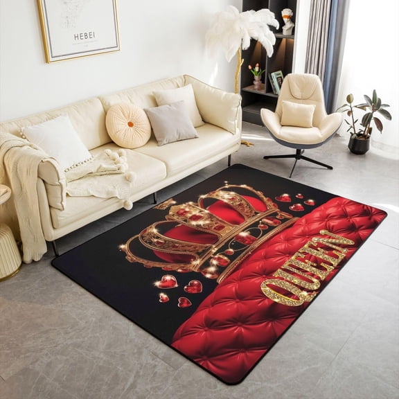 Queen Crown Area Rug 3''x5'' 3D Red Jewelry Golden Crown Non Slip Rug for Girls Teens Women European Rococo Style Indoor Floor Mat for Living Room Couch
