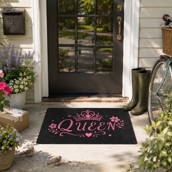 Queen Crown Pink Floral Indoor Floor Mat, Black Background Cute Heart Star Decor Rug 16x24 Inch, Non Slip Absorbent Bedroom Doormat Gift For Women Girls