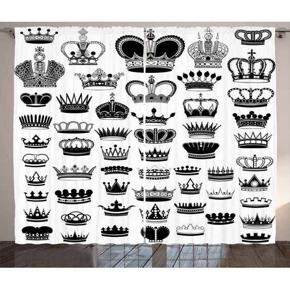 Ambesonne Queen Curtains 2 Panel Set, Various Crowns Imperial, 108" x 90", Black and White