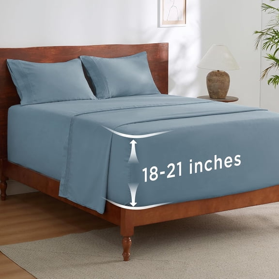 Queen Deep Pocket Sheet Set Fits Mattresses Up to 21 Inches Thick Moisture Wicking Soft Cooling Mineral Blue