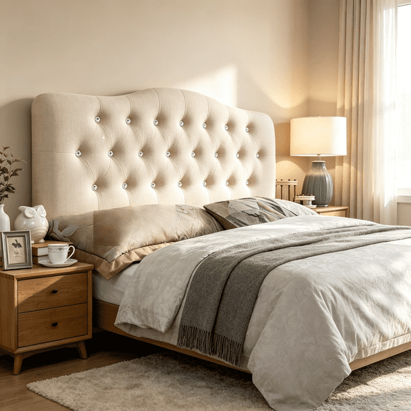 Queen Diamond Tufted Upholstered Headboard, Sturdy and Durable Solid Wood Headboard, Fabric Headboard with Adjustable Height, Modern Button Diamond Design Head Board, Beige