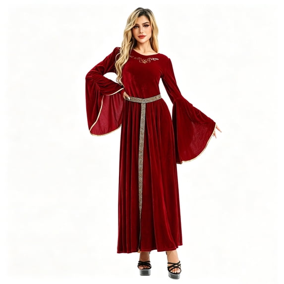 Queen Dress, Italian Renaissance Dress, Gothic Velvet Dress, Women Renaissance Dress Medieval Costume for Women Long Dress Plus Size Velvet Queen Dresses Halloween Costume, Red XL