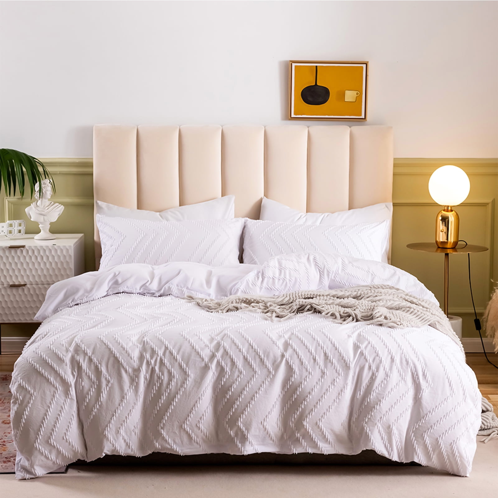 Queen Duvet Comforter Set,MoHern White Tufted Jacquard Boho Reversible