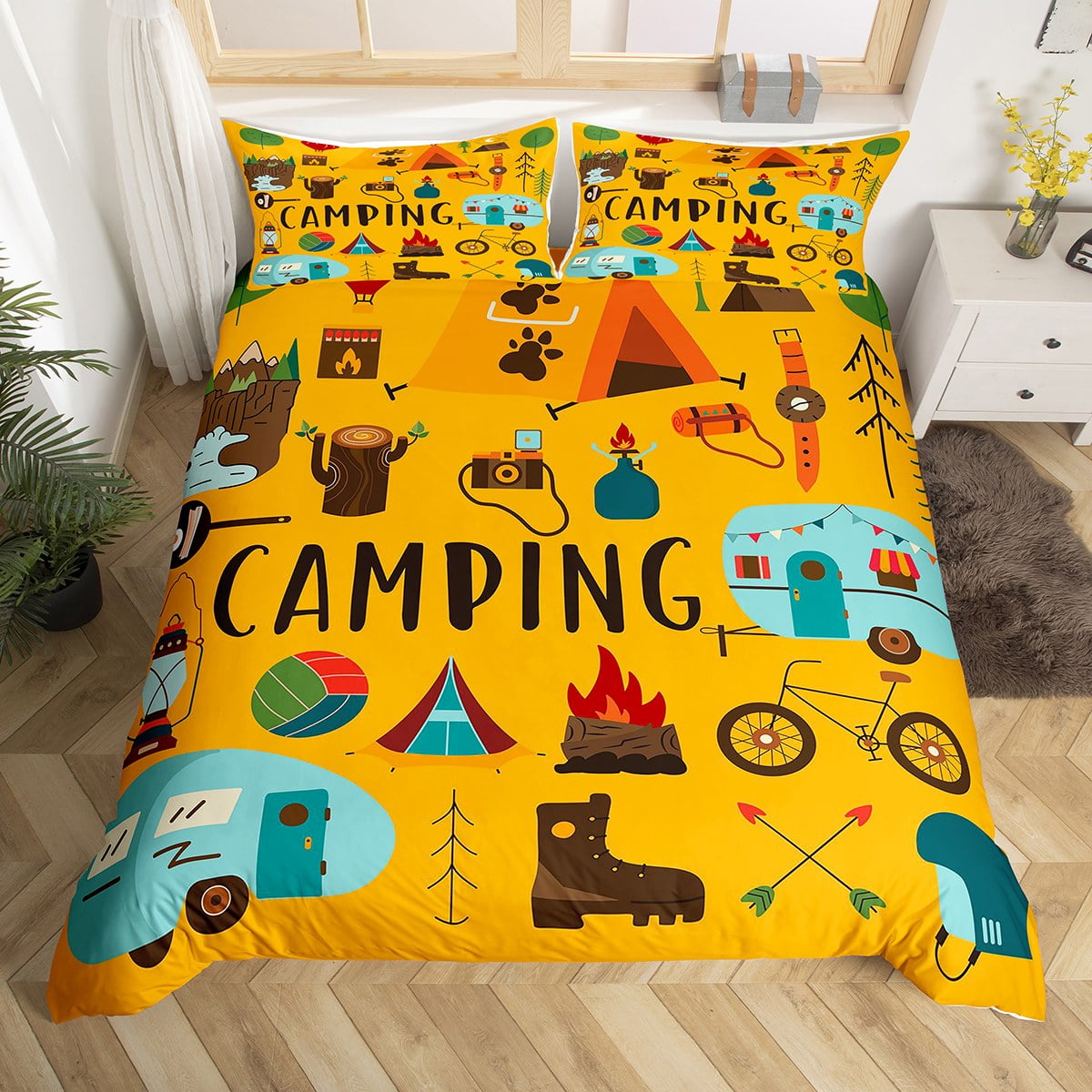 Queen Duvet Cover for Rv Camper Happy Camping Bedding Set for Kids