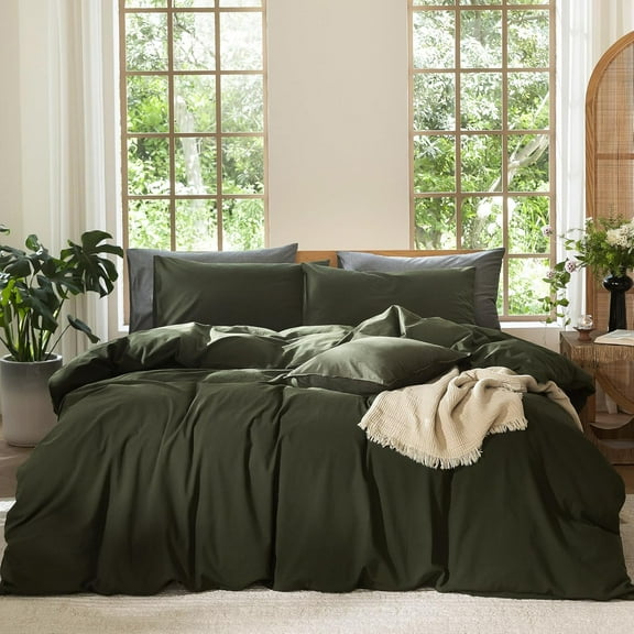 Queen Duvet Cover Set, 100% Washed Cotton Textured Weave, Breathable & Soft Bedding, Solid Olive Green, Includes Duvet Cover & Pillowcase(s), 90x90 Inches