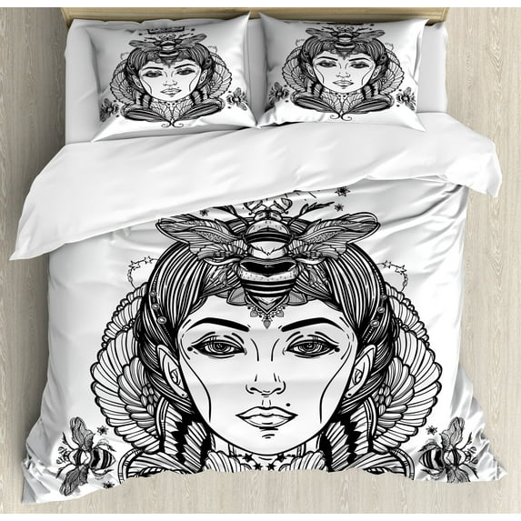 Queen Duvet Cover Set, Queen Bee Portrait Female Fantasy Folklore Art, Decorative 3 Piece Bedding Set with 2 Pillow Shams, Queen Size, Dark Brown and White, by Ambesonne