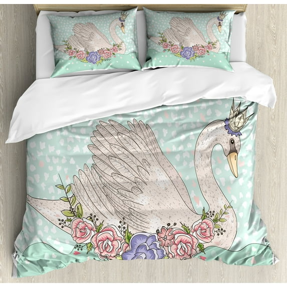 Queen Duvet Cover Set, Cartoon Swan on Water Crown Flowers Dreamy Playroom, Decorative 3 Piece Bedding Set with 2 Pillow Shams, King Size, Mint Green Beige Coral, by Ambesonne