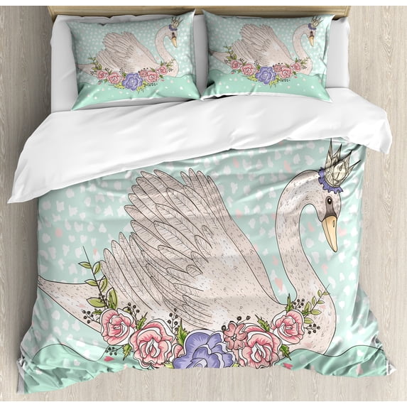 Queen Duvet Cover Set, Cartoon Swan on Water Crown Flowers Dreamy Playroom, Decorative 3 Piece Bedding Set with 2 Pillow Shams, Queen Size, Mint Green Beige Coral, by Ambesonne
