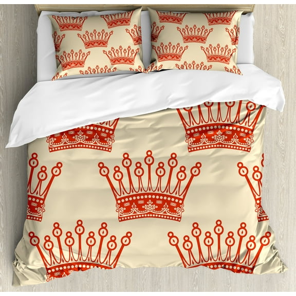 Queen Duvet Cover Set, Crowns Pattern Vintage Design Coronation Imperial Kingdom Nobility Theme, Decorative 3 Piece Bedding Set with 2 Pillow Shams, King Size, Grey Yellow Vermilion, by Ambesonne