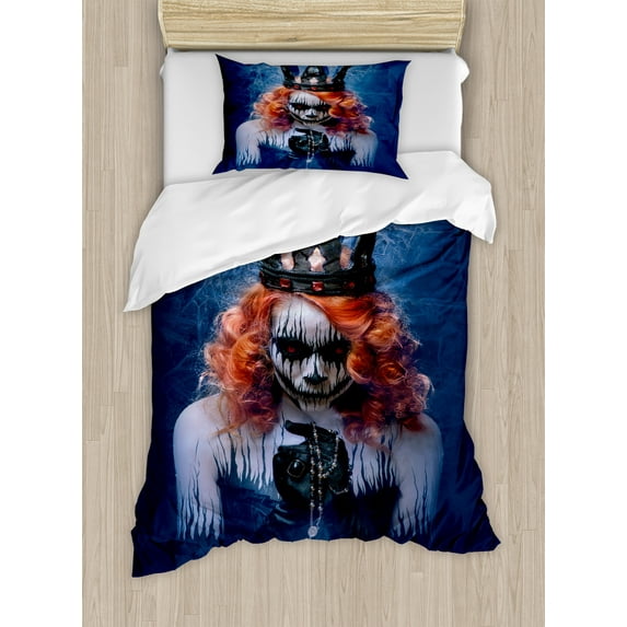 Queen Duvet Cover Set, Queen of Death Scary Body Art Halloween Evil Face Bizarre Make up Zombie, Decorative 2 Piece Bedding Set with 1 Pillow Shams, Twin Size, Navy Blue Orange Black, by Ambesonne