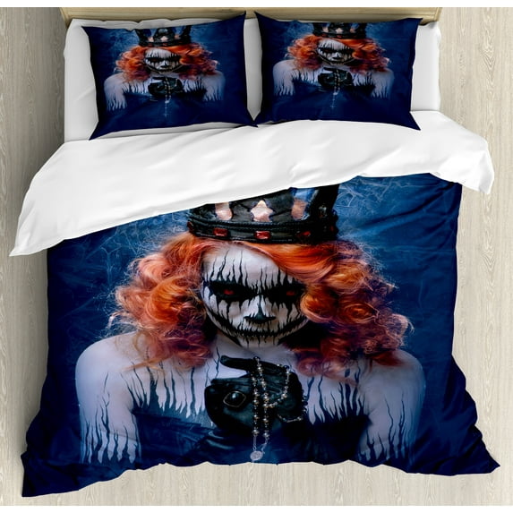Queen Duvet Cover Set, Queen of Death Scary Body Art Halloween Evil Face Bizarre Make up Zombie, Decorative 3 Piece Bedding Set with 2 Pillow Shams, King Size, Navy Blue Orange Black, by Ambesonne