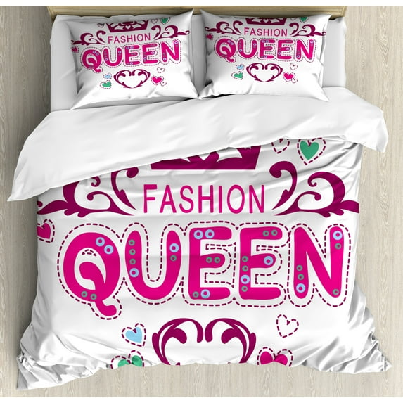 Queen Duvet Cover Set, Girlish Print Fashion Queen Lettering Floral Heart Shaped Ornaments, Decorative 3 Piece Bedding Set with 2 Pillow Shams, Calking Size, Dried Rose Pink, by Ambesonne