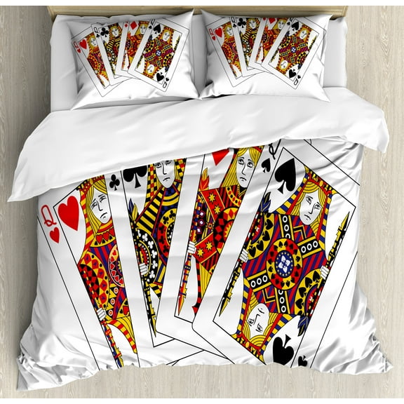 Queen Duvet Cover Set, Queens Poker Set Faces Hearts and Spades Gambling Theme Playing Cards, Decorative 3 Piece Bedding Set with 2 Pillow Shams, Calking Size, Black Red Yellow, by Ambesonne
