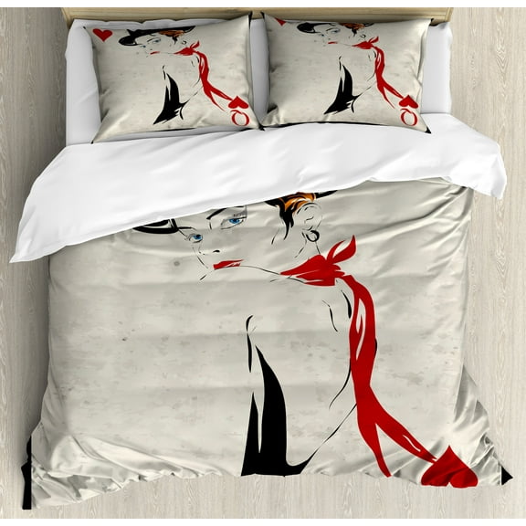 Queen Duvet Cover Set, Retro Style Woman Hat Playing Card Design Poker Casino Gamble, Decorative 3 Piece Bedding Set with 2 Pillow Shams, Queen Size, Vermilion Beige, by Ambesonne
