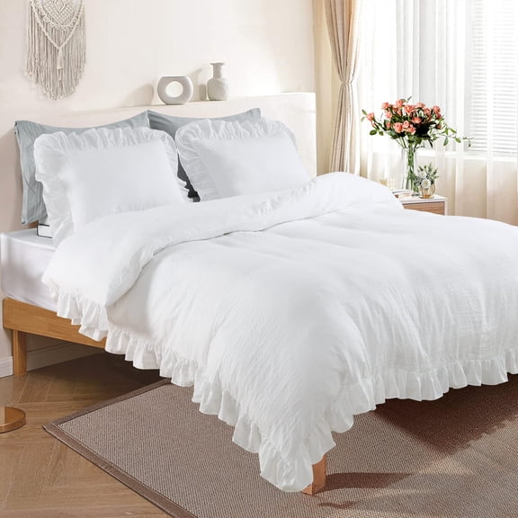 Queen Duvet Cover Set, Ruffled Fringe Bedding with Corner Ties, 1 Cover   2 Pillow Shams, White