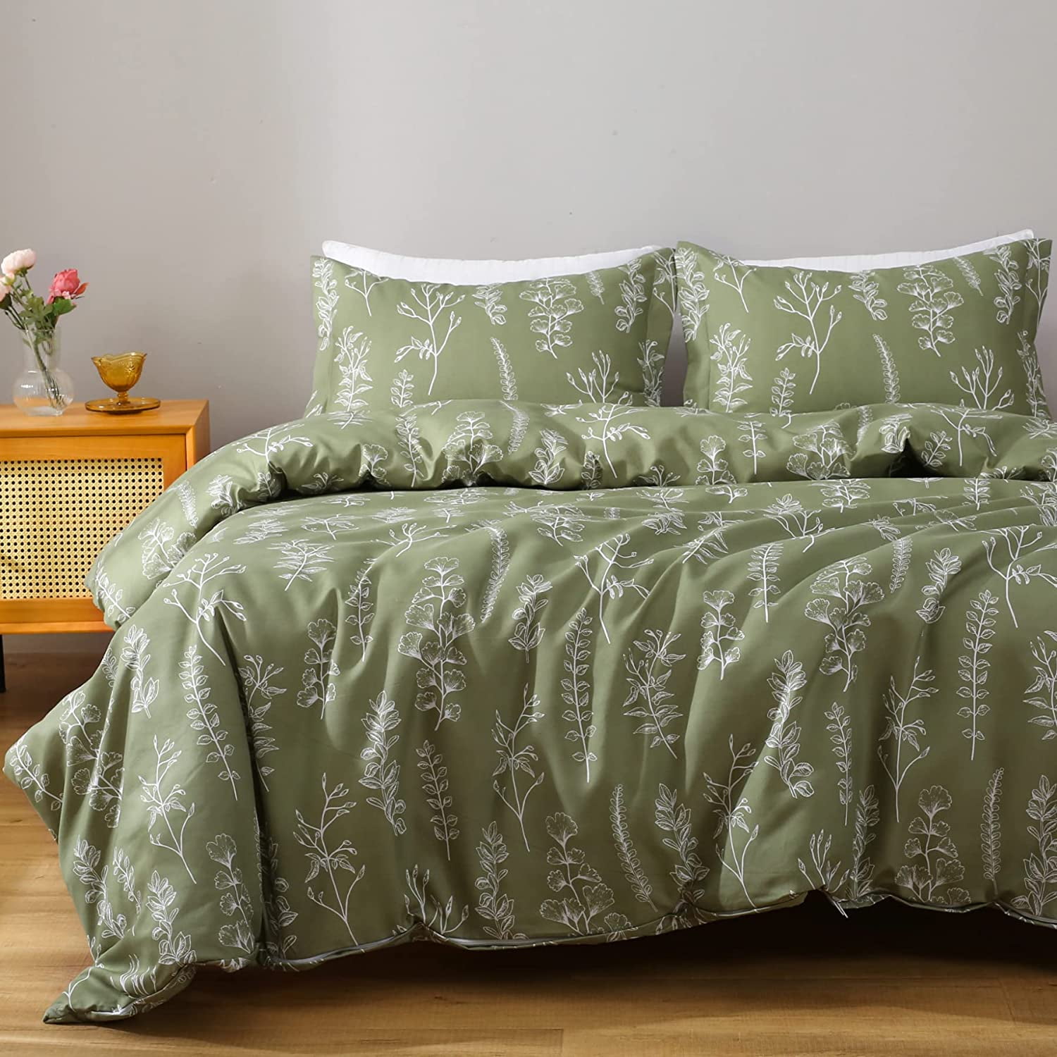 Queen Size Sage Green Duvet Cover Set, 3-Piece Floral Bedding Sets with ...