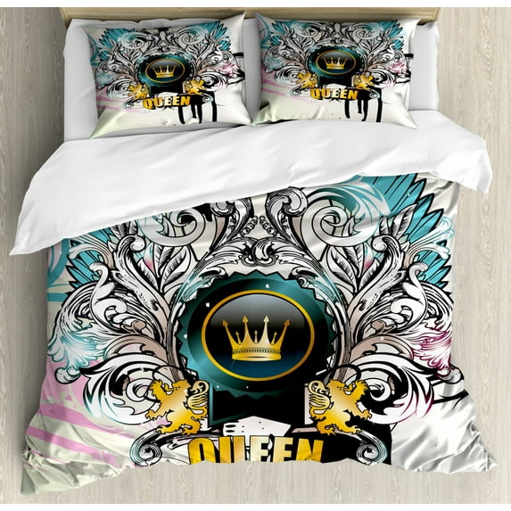 Queen Duvet Cover Set Queen Size, Artistic Design Arms Shield with Crown Wings and Victorian Floral Elements Imperial, Decorative 3 Piece Bedding Set with 2 Pillow Shams, Multicolor, by Ambesonne