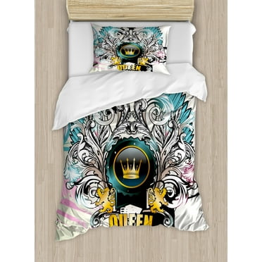 Queen Duvet Cover Set Twin Size, Artistic Design Arms Shield with Crown Wings and Victorian Floral Elements Imperial, Decorative 2 Piece Bedding Set with 1 Pillow Sham, Multicolor, by Ambesonne
