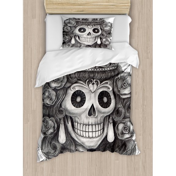 Queen Duvet Cover Set Twin Size, Day of the Dead Artwork Hand Drawing Folk Skull with Flowers Crown Ornaments, Decorative 2 Piece Bedding Set with 1 Pillow Sham, Black and White, by Ambesonne