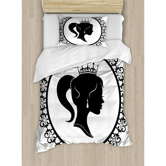 Queen Duvet Cover Set Twin Size, Profile Silhouette of Princess in Frame with Victorian Details Young Noble Woman, Decorative 2 Piece Bedding Set with 1 Pillow Sham, Black and White, by Ambesonne