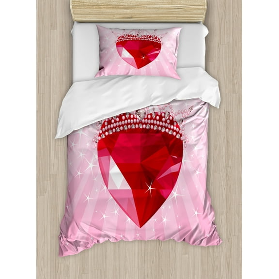 Queen Duvet Cover Set Twin Size, Vibrant Red Love Heart with Princess Crown Cartoon Style Romantic Kids Girls Design, Decorative 2 Piece Bedding Set with 1 Pillow Sham, Pink Red, by Ambesonne