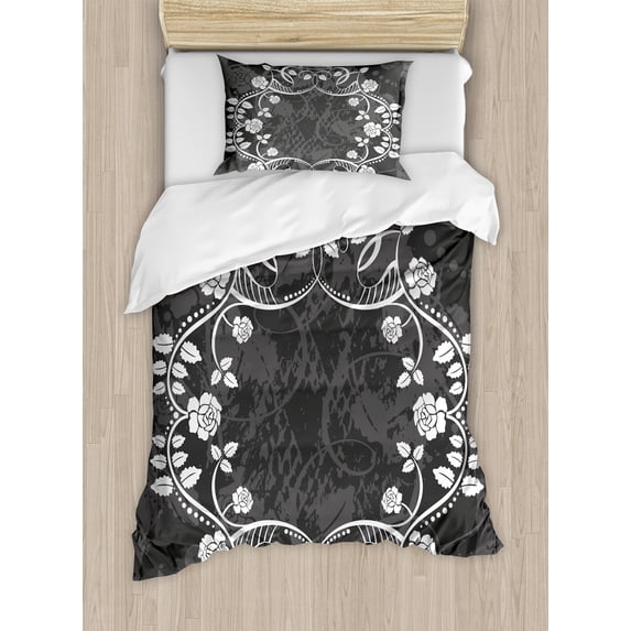 Queen Duvet Cover Set, Victorian Antique Circular Flora with Crown Vintage Grunge Rusted Royal, Decorative 2 Piece Bedding Set with 1 Pillow Shams, Twin Size, White and Charcoal Grey, by Ambesonne
