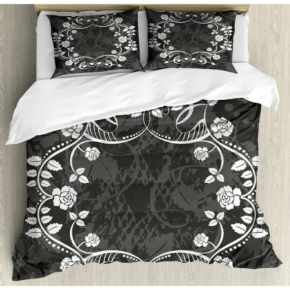 Queen Duvet Cover Set, Victorian Antique Circular Flora with Crown Vintage Grunge Rusted Royal, Decorative 3 Piece Bedding Set with 2 Pillow Shams, Queen Size, White and Charcoal Grey, by Ambesonne