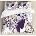 thumbnail image 1 of Queen Duvet Cover Set, Young Cartoon Portrait Silhouette in Floral Frame Feminine Noble Woman Style, Decorative 3 Piece Bedding Set with 2 Pillow Shams, King Size, Plum Ivory Coral, by Ambesonne, 1 of 3