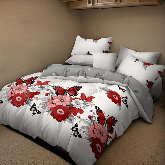 Queen Duvet Cover, Soft Microfiber Bedding Set for All Seasons, Comforter Set, Boho Red Floral & Butterfly Pattern, 4 Pcs, 90"x 90"