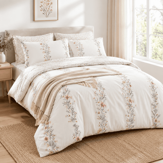 Queen Duvet Cover, White Floral Reversible Cotton Duvet Set with Pillow ...