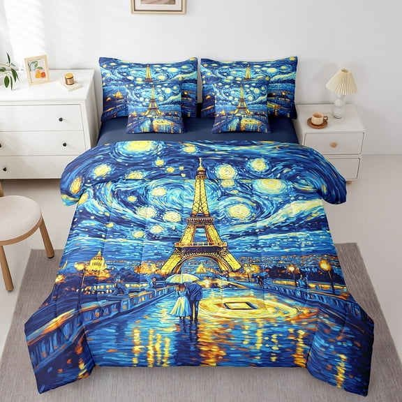Queen Eiffel Tower Comforter Sets 7-Piece,Starry Night Bedding Set with Sheets Bed in a Bag,Paris Bed Sheets Set,Romantic City Down Comforter with 2 Pillow Covers Valentine's Day Gifts