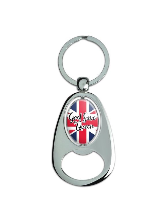 Queen Elizabeth II God Save The Queen Keychain Chrome Metal Spinning Oval Bottle Opener