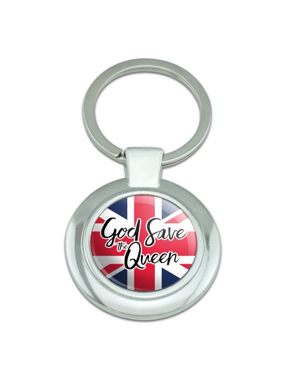 Queen Elizabeth II God Save The Queen Keychain Classy Round Chrome Plated Metal
