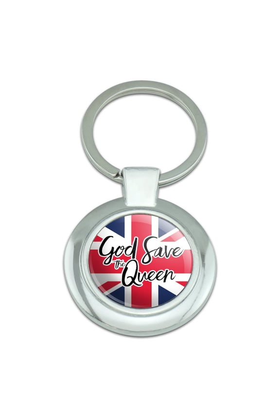 Queen Elizabeth II God Save The Queen Keychain Classy Round Chrome Plated Metal