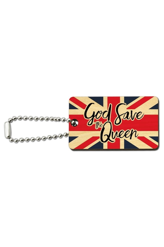Queen Elizabeth II God Save The Queen Wood Wooden Rectangle Keychain Key Ring
