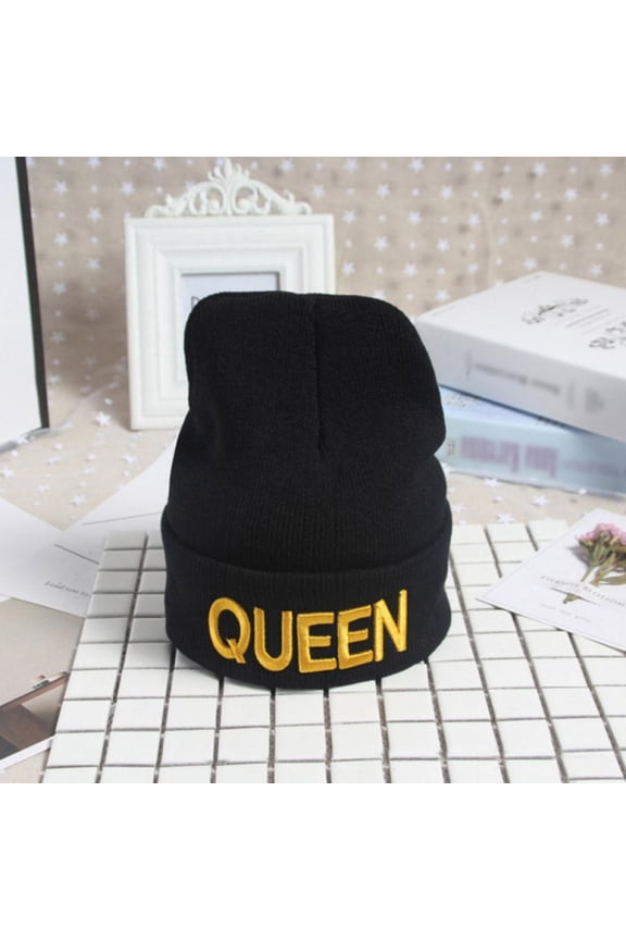 Queen Embroidered Beanie-Set His & Hers Valentines Couple Fashion Hats Warm Outdoor Cap USA(GOLD Queen)