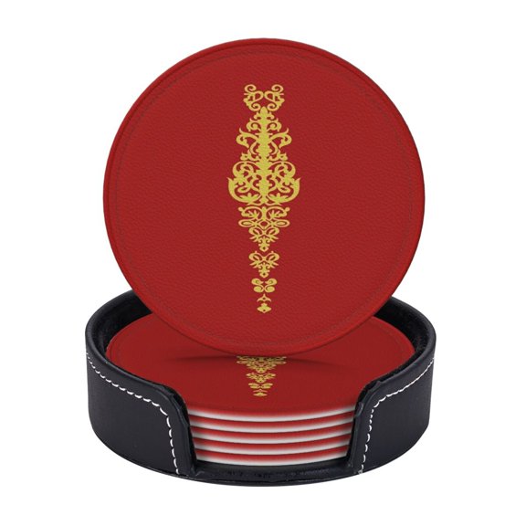 Queen Embroidery Coasters With Leather Holder Set Of 6 Round Coasters for Home and Kitchen Decor