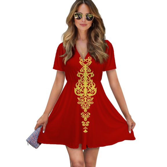 Queen Embroidery Women Dress V-Neck Short Sleeve Flowy Swing Party Midi Dress