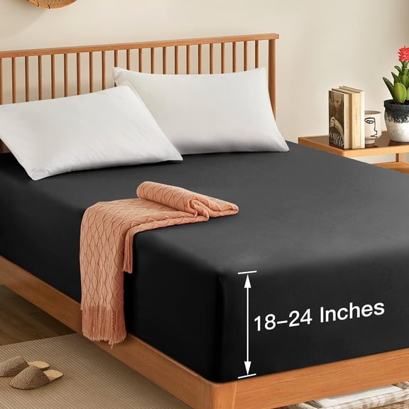 Queen Extra Deep Pocket Fitted Sheet Only - 1800 Thread Count Hotel Deep Fitted Sheet Up to 24 Inches Mattress, Charcoal Black Bottom Sheet 18-24 Inch Microfiber Deep Queen Mattress Sheets