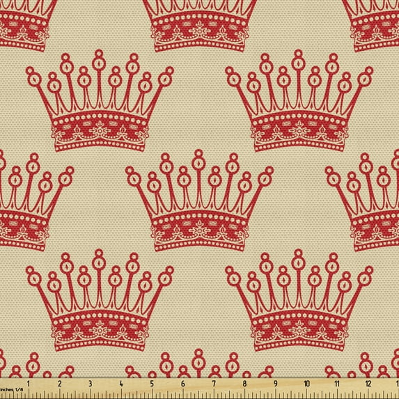 Queen Fabric by the Yard, Crowns Pattern Vintage Design Coronation Imperial Kingdom Nobility Theme, Decorative Upholstery Fabric for Sofas Home Accents, 10 Yards, Grey Yellow Vermilion by Ambesonne