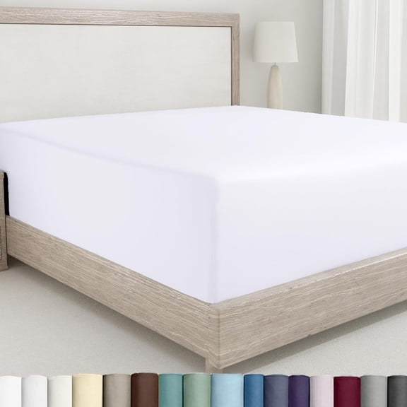Queen Fitted Sheet Only - 100% Cotton 400 Thread Count Sateen, Deep Pocket Fitted Sheet Queen, No-Pop Off Elastic - White