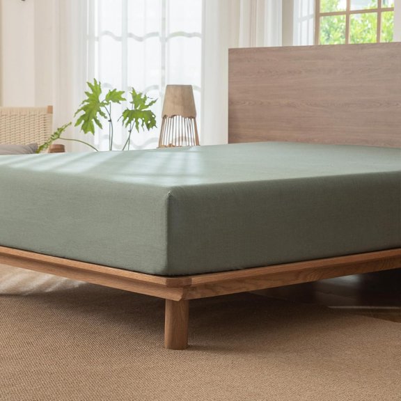 Queen Fitted Sheet Washed Cotton Deep Pocket Soft Breathable Heathered Green Bedding