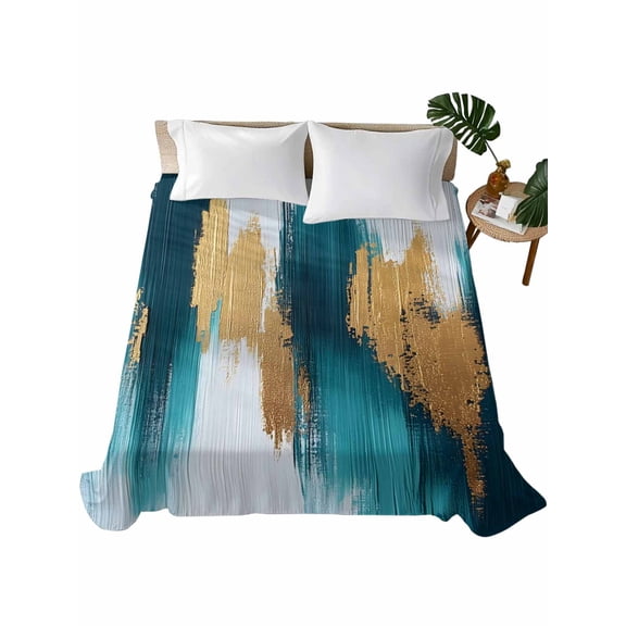 Queen Flat Sheet 90"x102", Abstract Teal Gold Soft Lightweight Bedding Flat Sheets Only, Green White Wall Art Textured Brushed Microfiber Top Bed Sheet, Breathable StainResistant Bedsheets