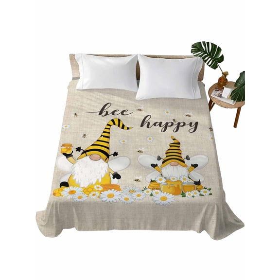 Queen Flat Sheet 90"x102", Bee Gnomes Soft Lightweight Bedding Flat Sheets Only, Farmhouse Spring Daisy Honey Flowers Brushed Microfiber Top Bed Sheet, Breathable StainResistant Bedsheets