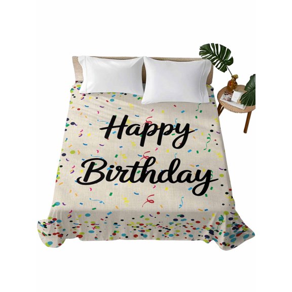 Queen Flat Sheet 90"x102", Beige Birthday Soft Lightweight Bedding Flat Sheets Only, Colorful Confetti Ribbons Polka Dots Classroom Brushed Microfiber Top Bed Sheet, Breathable Bedsheets