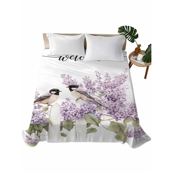 Queen Flat Sheet 90"x102", Bird Flowers Soft Lightweight Bedding Flat Sheets Only, Purple Lavender Pastoral Pastel Watercolor Brushed Microfiber Top Bed Sheet, Breathable StainResistant Bedsheets