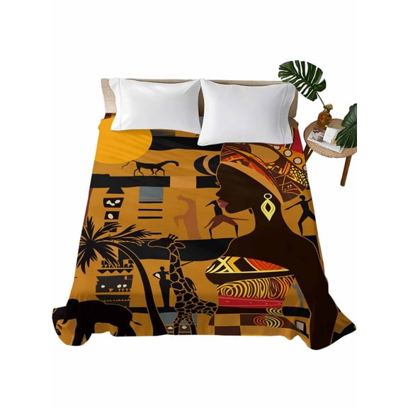 Queen Flat Sheet 90"x102", Black African Women Soft Lightweight Bedding Flat Sheets Only, Boho Brown Elephant Giraffe Ethnic Brushed Microfiber Top Bed Sheet, Breathable StainResistant Bedsheets